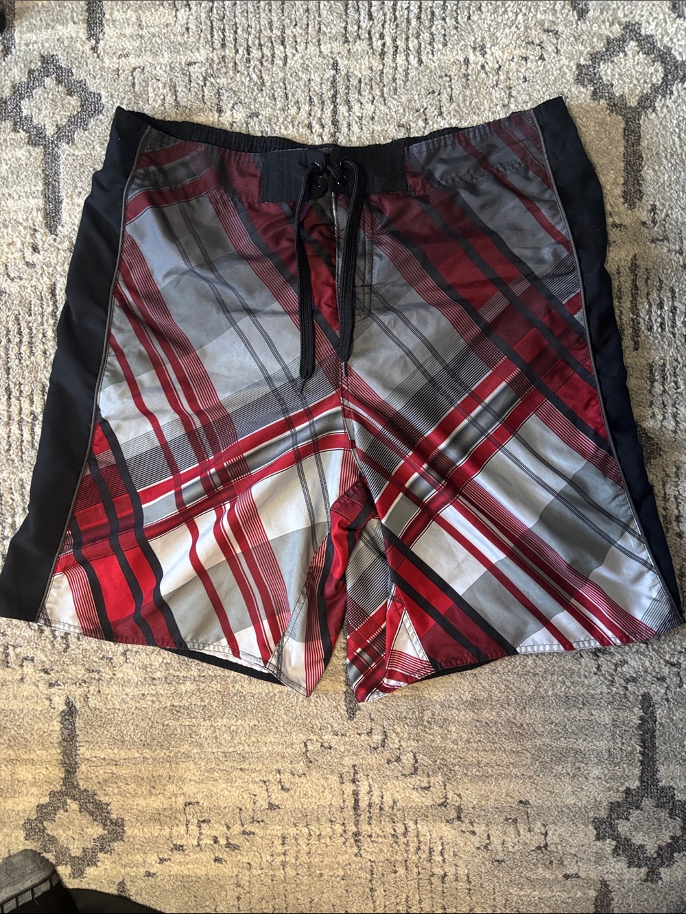 Joe Boxer Red and Gray Plaid Swim Trunks with Black Side Panels